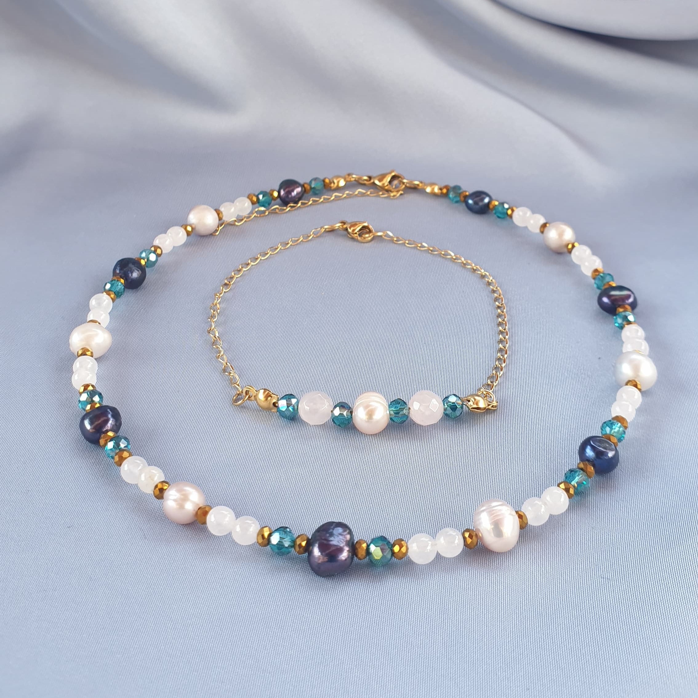 عقد لؤلؤ كريستال وروز كوارتز | Pearl & crystal necklace