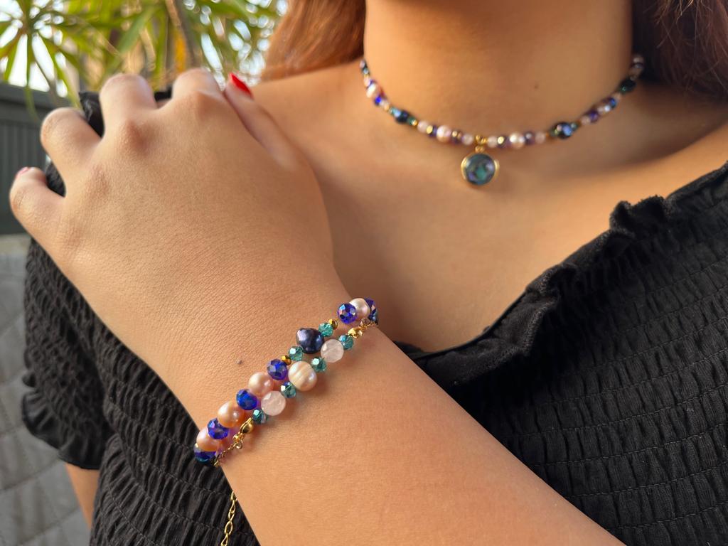 اسوارة لؤلؤ وروز كوارتز | Rose quartz & Pearl bracelet