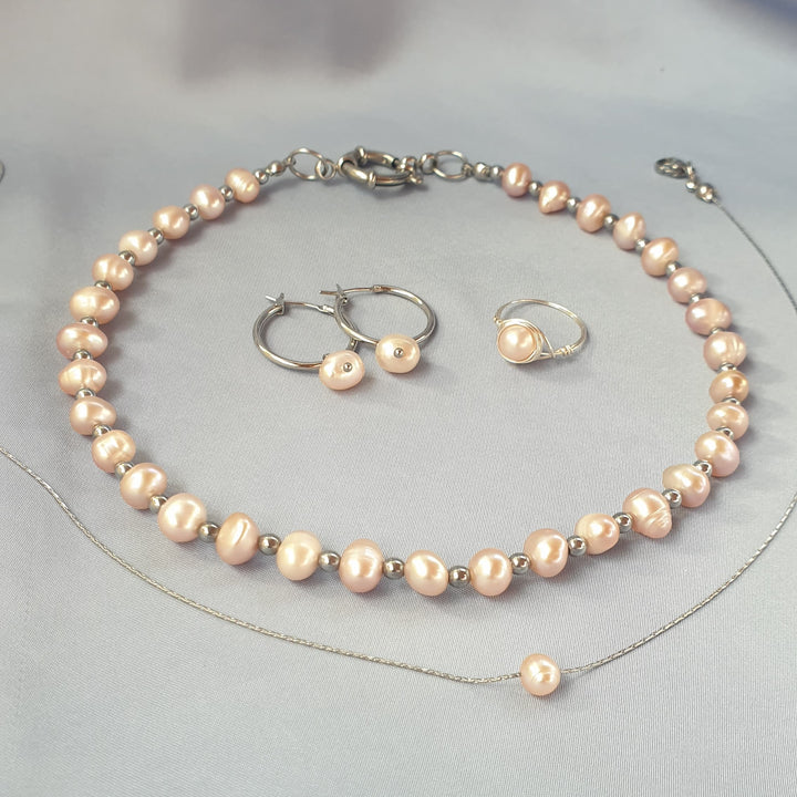 عقد لؤلؤ زهر وفواصل هيماتيت | Pink pearls necklace